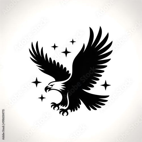 Black silhouette of an eagle with stars on white background