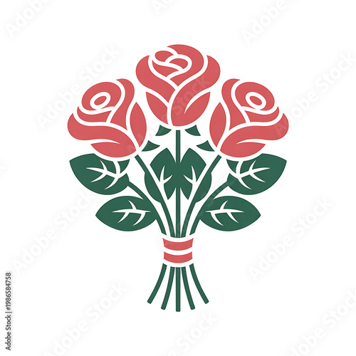 Vector bouquet of pink roses with leaves on white background