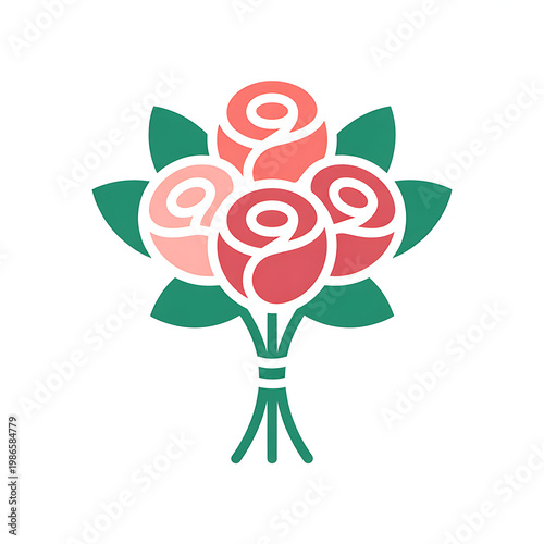 Flat illustration of bouquet with pink roses and green leaves on white background