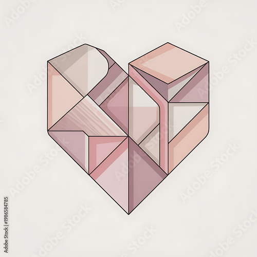 Geometric pink heart shape made of 3D cubes and polygons