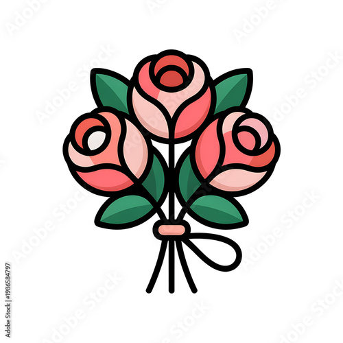 cartoon bouquet of roses with green leaves on white background