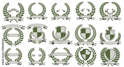Collection of Laurel Wreaths and Shields with Ribbons.