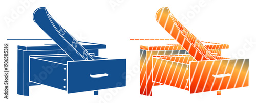 Two stylized drawers, one blue and one orange, pulled open showing empty space