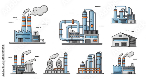 Industrial factory buildings with smoke stacks and pipelines illustration set.