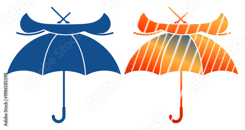 Canoe and paddle icons resting on open umbrellas, symbolizing outdoor adventures and protection.