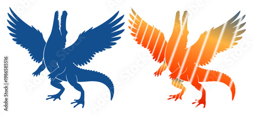 Mythical winged creatures in contrasting blue and fiery orange colors, symbolizing duality and power.