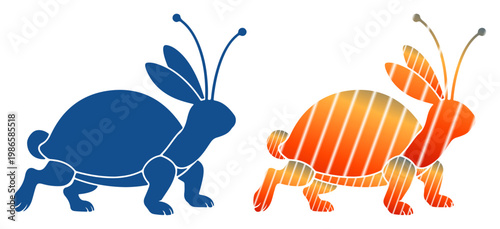 Whimsical hybrid creatures, a blue rabbit-turtle and an orange striped rabbit-turtle, in a race.