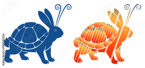Whimsical creatures combine rabbit and tortoise features, symbolizing duality and contrast.