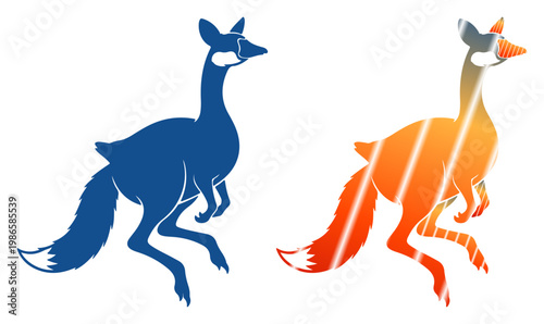 Whimsical mythical creatures, one blue and one orange, with fox tails and bird-like heads