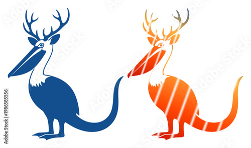 Whimsical pelican creatures with antlers, one blue and one orange, facing each other.