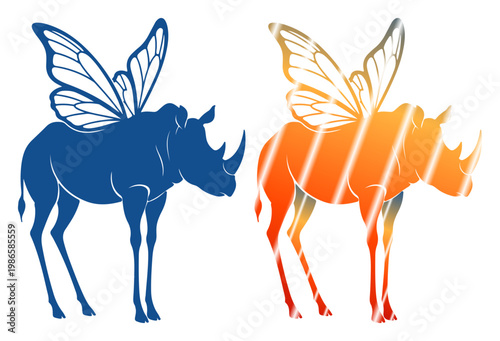 Whimsical rhino with delicate butterfly wings, symbolizing imagination and transformation.