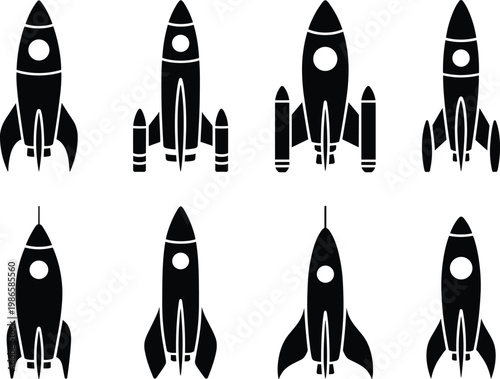Rocket silhouettes collection with various space ship designs, futuristic launch vehicles vector illustration set