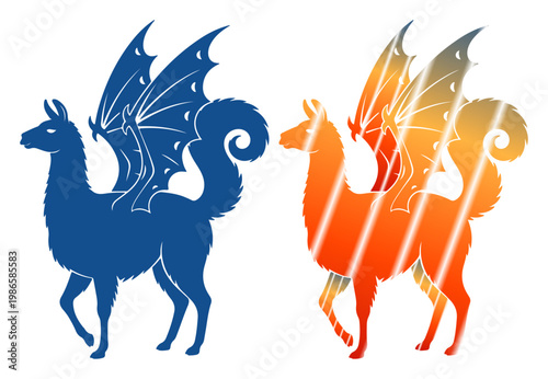 Whimsical fantasy creatures, a winged llama in blue and a fiery orange llama against a white background.