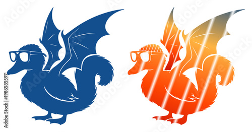 Whimsical duck with dragon wings and glasses, symbolizing quirky fantasy and unique character