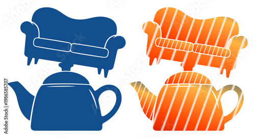 Whimsical pairing of cozy sofas and steaming teapots symbolizing comfort and relaxation.