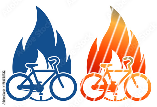 Dynamic bicycle icons with fiery flames symbolizing energy and speed