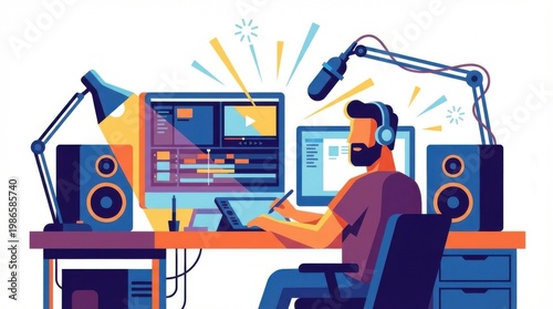 Creative Designer Working at Modern Audio Studio Desk