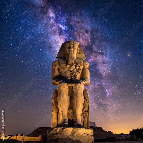 A large ancient stone statue under a starry night sky