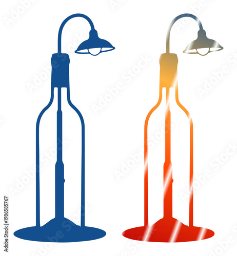 Creative floor lamps shaped like wine bottles, one blue and one with a warm gradient.