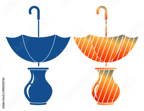 Two stylized umbrellas creatively placed upside down in vases, one blue, one orange.