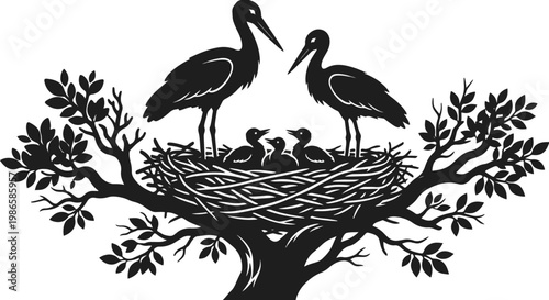 Vector Silhouette Illustration of a Stork Family with Chicks in a Nest on a Tree Branch, Clean Black and White Nature Design 2026 