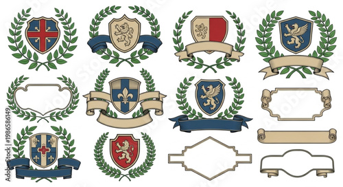 Collection of heraldic crests and emblems with laurel wreaths.