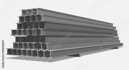 Steel beams are stacked neatly in a warehouse setting.