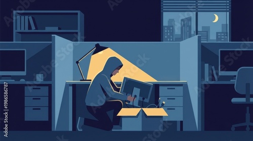 Hooded Worker Assembling Computer Parts Under Desk Lamp in Night Office