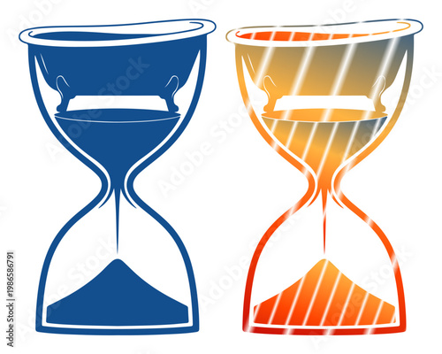 Two contrasting hourglasses symbolize time passing and urgency with vibrant colors.