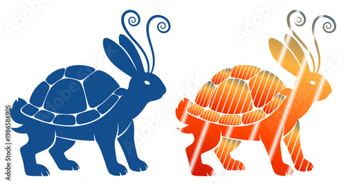 Whimsical hybrid creatures, a fusion of rabbit and tortoise, in vibrant colors