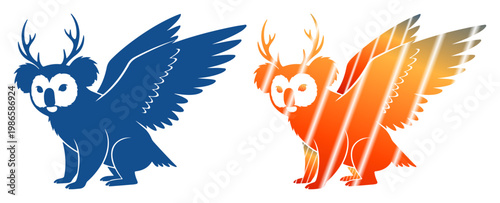 Whimsical creatures with wings and antlers, a blue koala and an orange owl-like being.