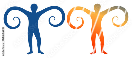 Two abstract figures reaching out with swirling arms, symbolizing connection and harmony