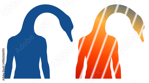 Two stylized human silhouettes with swan-like necks, one blue, one orange with stripes.