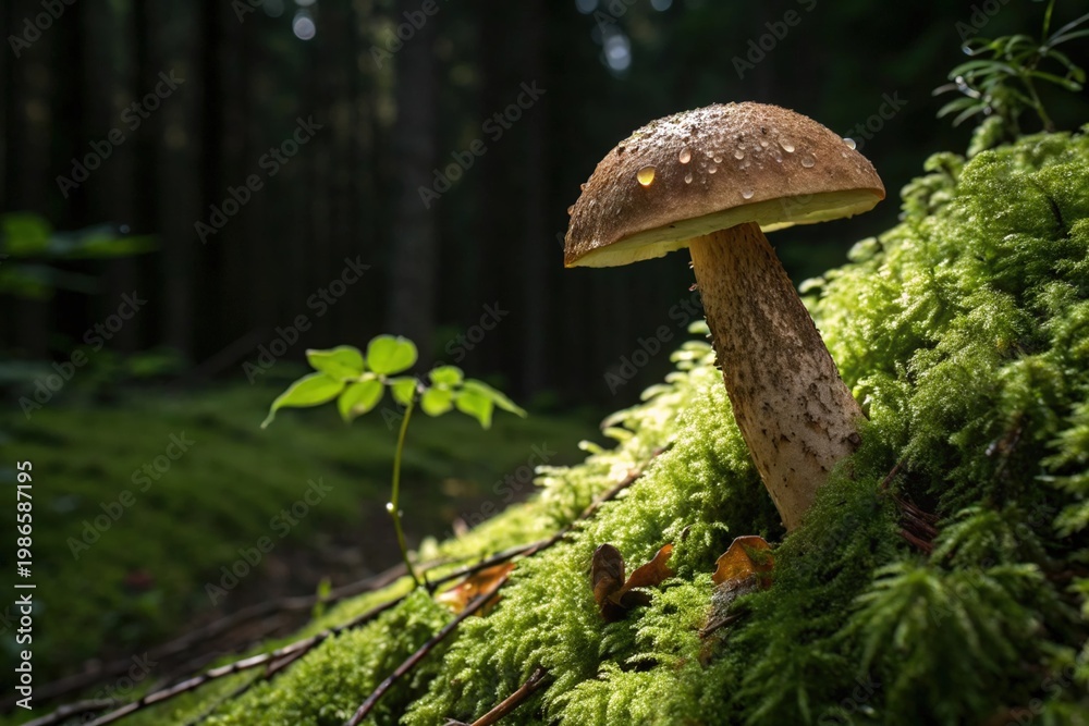 Fototapeta premium A mushroom is sitting on a mossy hillside