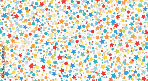 A colorful pattern of stars and dots on white