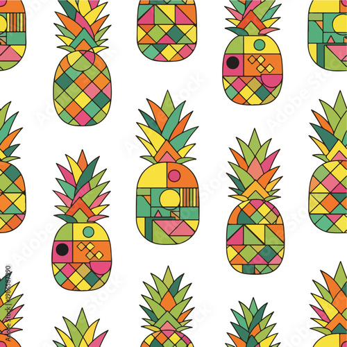 A colorful pattern of stylized pineapples with geometric designs