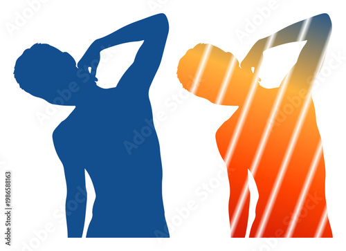 Two silhouettes stretching, one in solid blue, the other with a warm gradient fill and light streaks.