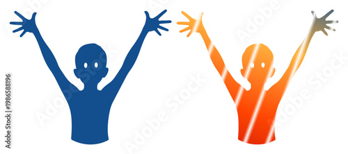 Two joyful figures with raised arms celebrating success and connection