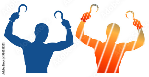 Muscular silhouette raising hook hands in a victory pose, representing strength and determination