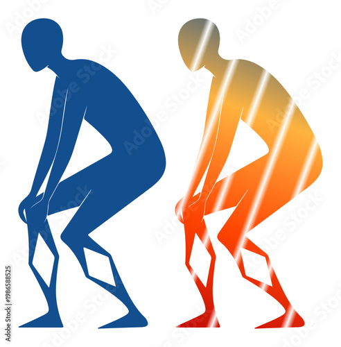 Abstract figures showing pain or discomfort in knees, one blue, one warm gradient.
