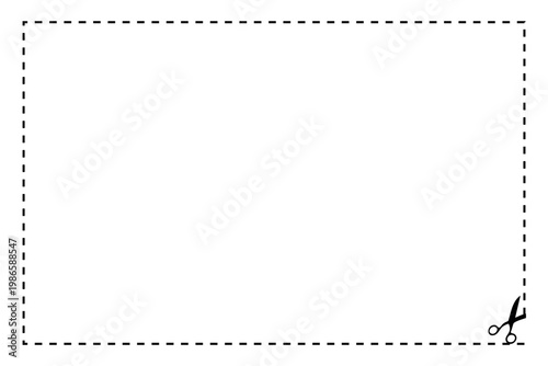 Minimalist dashed line border with scissors icon, rectangular cut out coupon frame vector, simple black dotted line border for vouchers