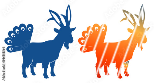 Whimsical blue and orange goats with peacock feather tails, symbolizing creativity and uniqueness.