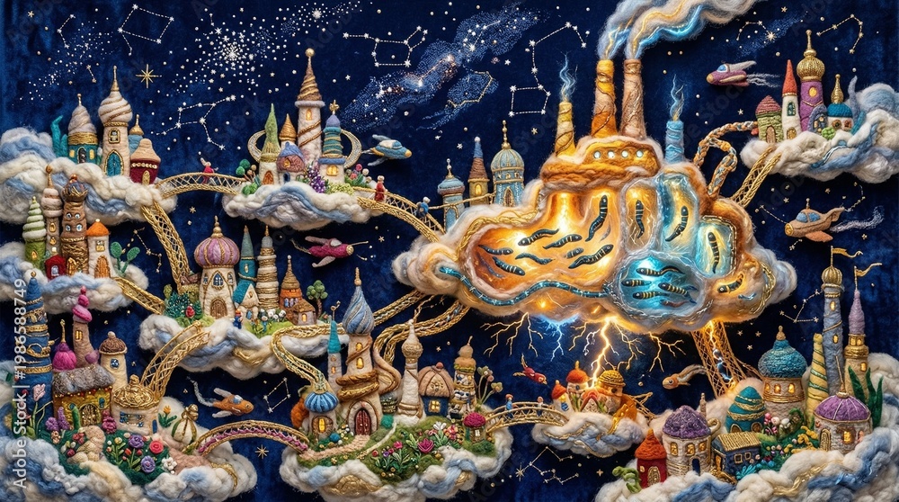 Fototapeta premium Whimsical floating cities on clouds with lightning and flying fish, intricate fiber art landscape