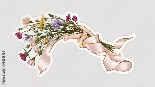 women hand holding flowers bouquet with pink ribbon sticker.ai 
