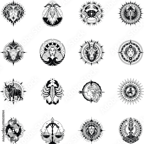Collection of Zodiac Symbols Glyph Illustrations 