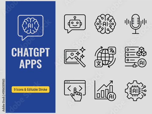 Collection of nine line style icons related to artificial intelligence and chatgpt apps on gray background