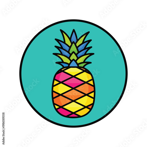 A colorful pineapple on a teal circle