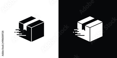 Black and white cube with motion lines on white and black background