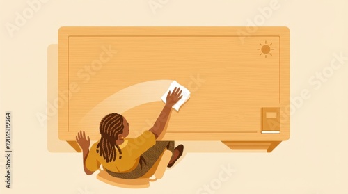 Young Person Cleaning Wooden Desk in Warm Studio