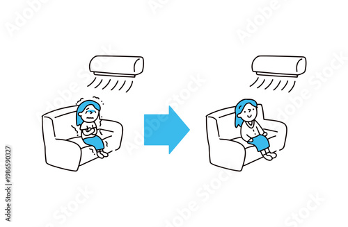 エアコンにあたって冷える女性・上着を着て温度調節する女性のイラスト